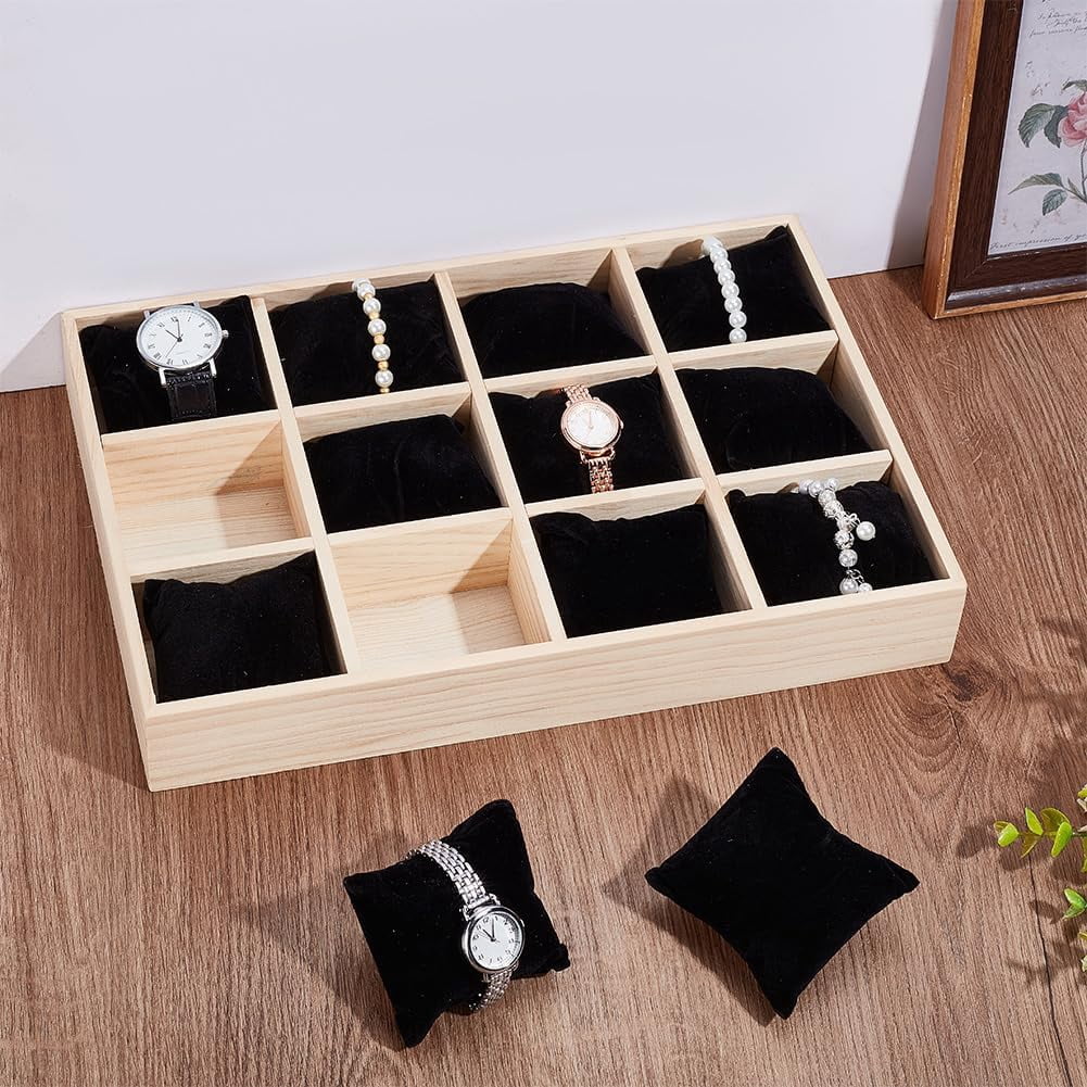 12 Slot Wooden Watch Organizer Tray Display Holder with Removable Velvet Pillows Stackable Jewelry Bracelet Storage Tray for Drawer Showcase Black diy