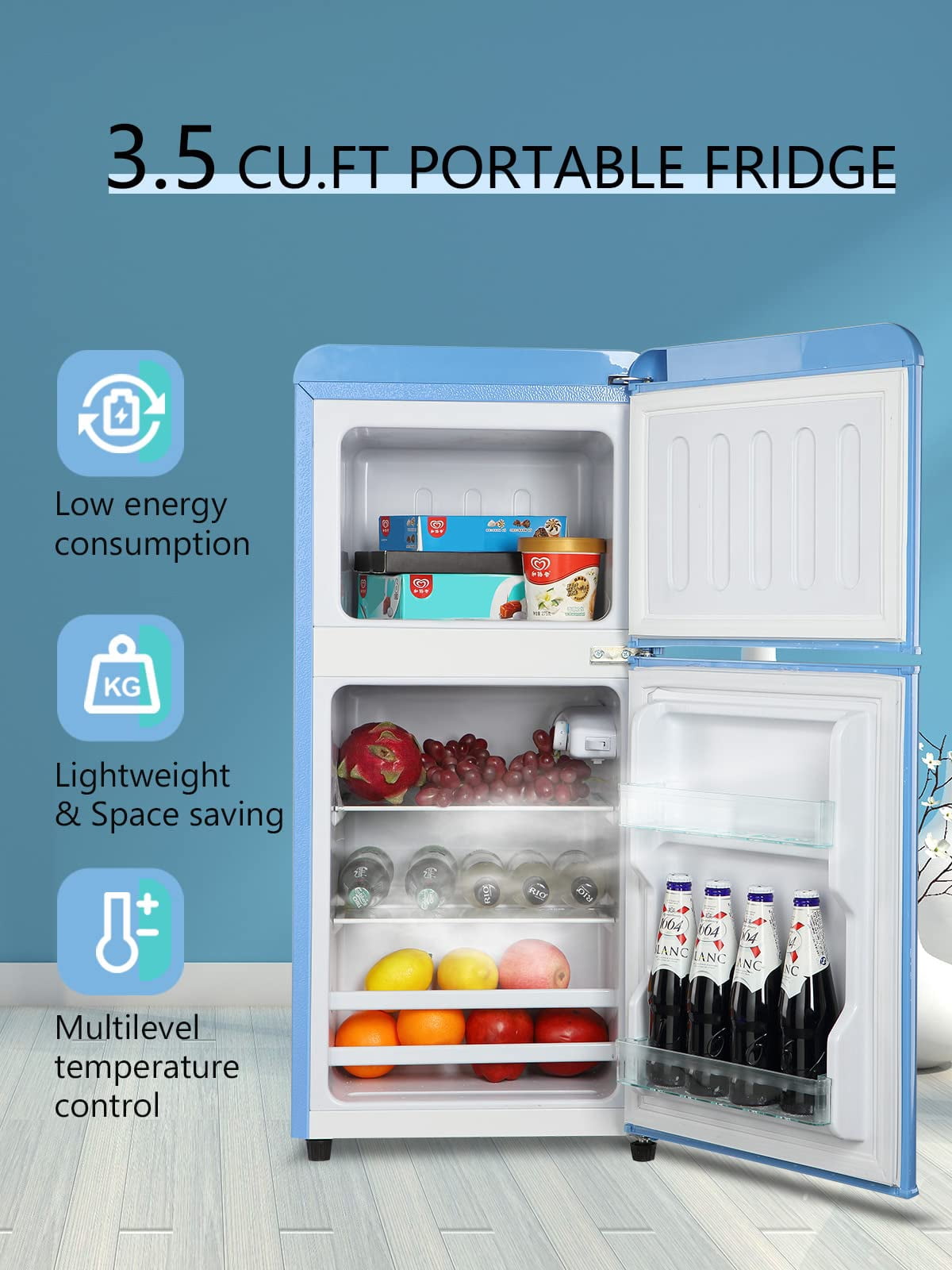3.5 Cu.ft Compact Refrigerator, Retro Mini Fridge with Freezer, Small Drink Chiller with 2 Door Adjustable Mechanical Thermostat for Home, Office,Dorm or RV Blue