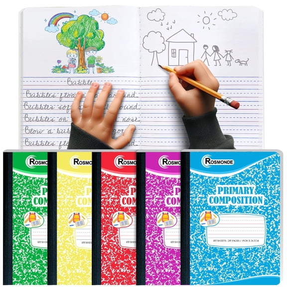 Rosmonde Primary Composition Notebooks 5 Pack, 200 Pages (100 Sheets), Draw & Write Journal, 9.75 x 7.5 in, Dotted Ruled for Grades K–2, Hard Cover, Assorted Colors