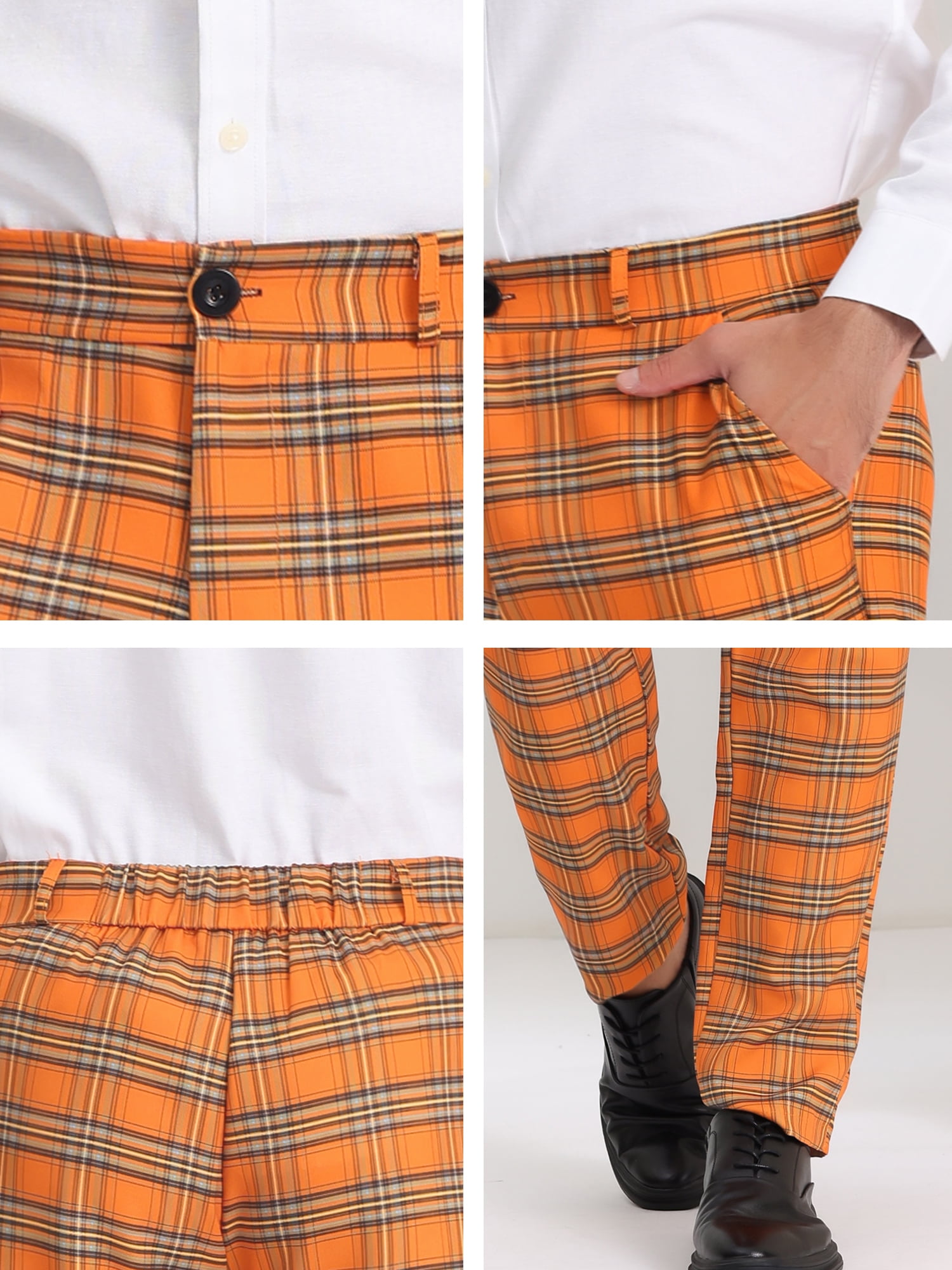 Unique Bargains Men's Flat Front Plaid Pants Formal Business Checked Trousers 30 Orange White