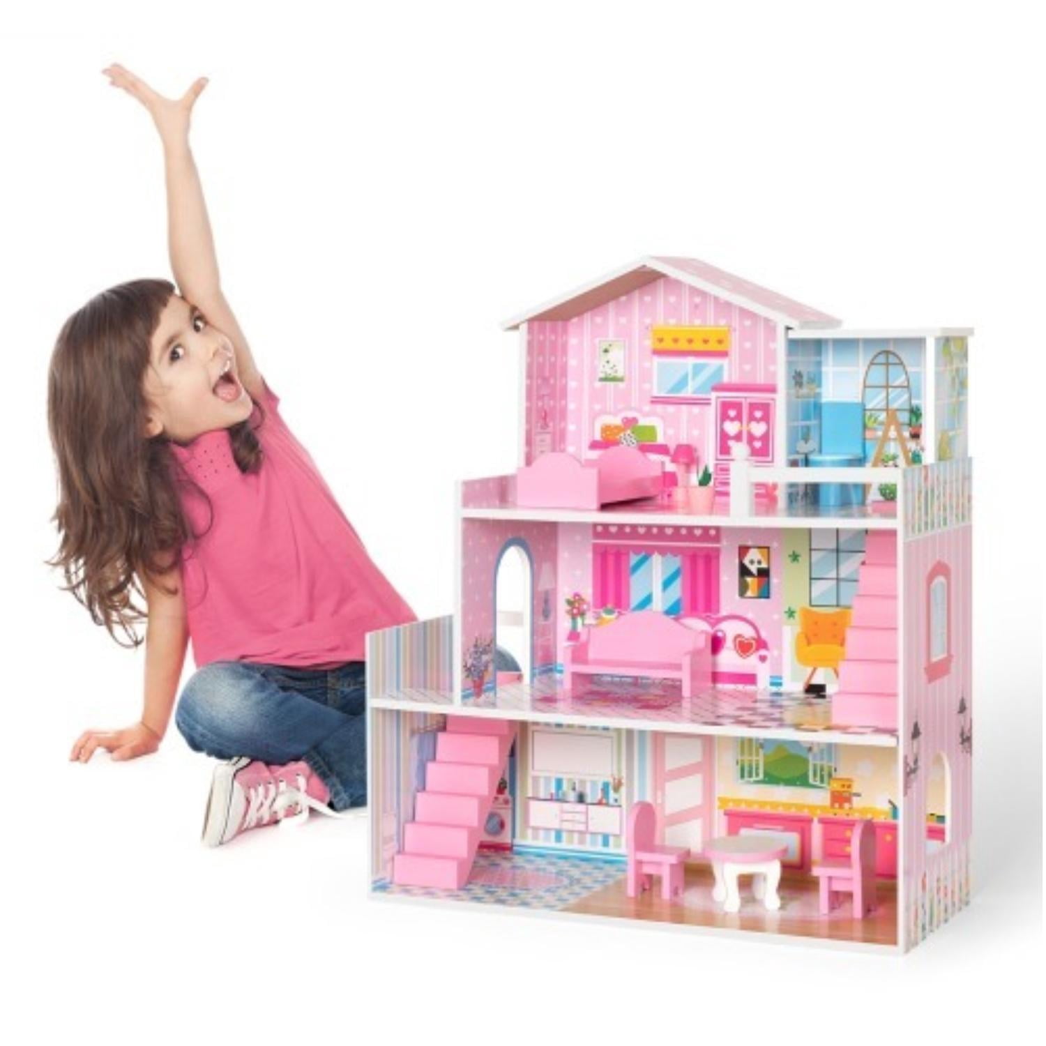 Wooden dollhouse with furniture, children's dollhouse toy set, pink