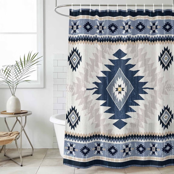 Blue Beige Boho Waterproof Fabric Shower Curtain,Vintage Ethnic Tribal Southwestern Waterproof Fabric Shower Curtain for Bathroom Curtains Bathtubs Hotel Shower Curtains with 12 Hooks Small 36x72in