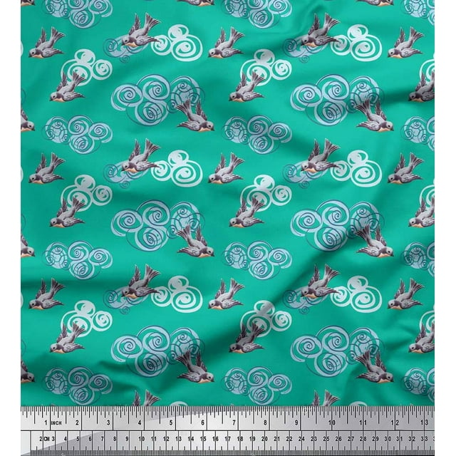 Soimoi Velvet Fabric Clouds & Bullfinch Bird Decor Fabric Printed Yard 58 Inch Wide