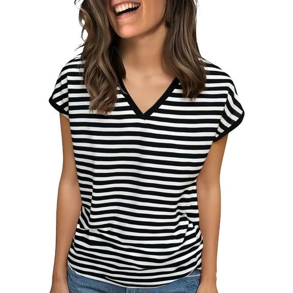 TODOZO Womens Summer Tops Dressy Casual Cap Sleeve T Shirts for Women V Neck Ruched Tops Basic Tank Fashion Trendy Striped Short Sleeve Going Out Tops for Women Black Xxl