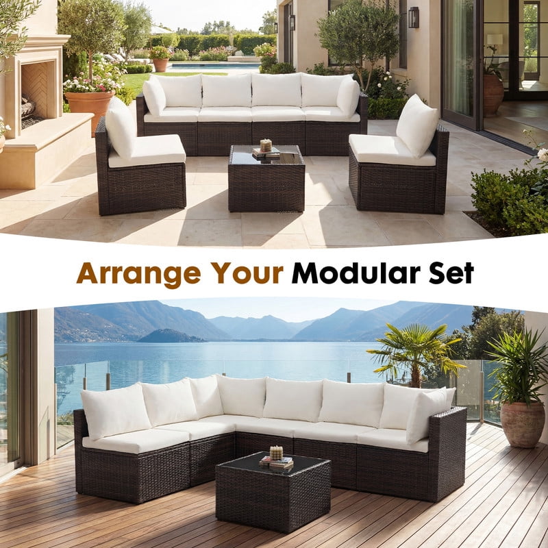 Gianna 7 Piece Outdoor Patio Sectional Sofa, Modular Wicker Furniture Set with 2.8" Thick Cushions, Adjustable Feet, All-Weather Rattan Outdoor Couch for Backyard, Poolside, Brown
