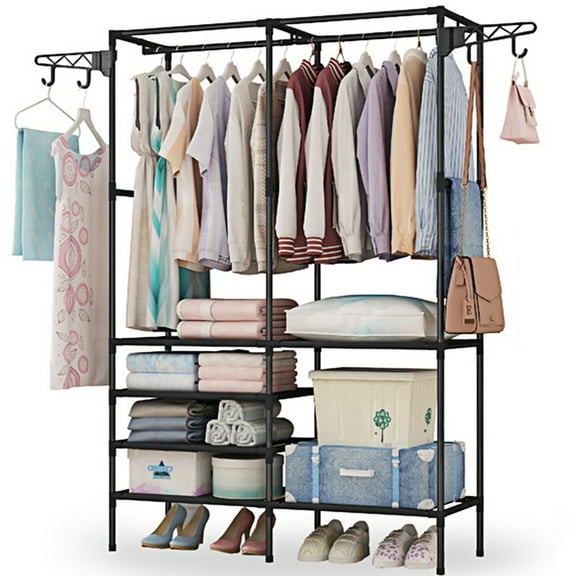Wangbujianwang 42'' Portable Clothes Rack, Iron Frame, Black, 350lb Capacity, Easy Assembly, 6 Shelves, Hooks on Both Sides
