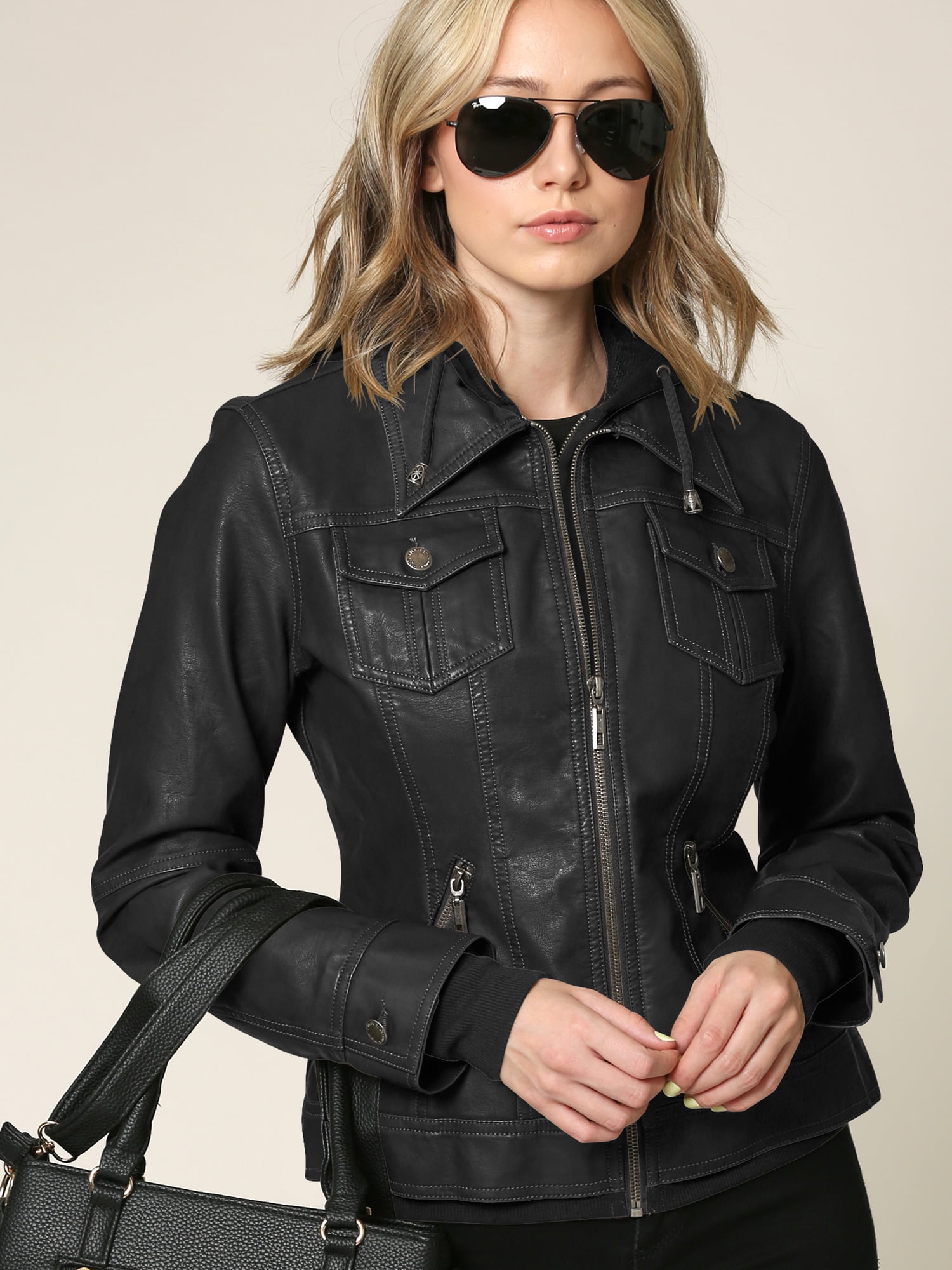 Made by Johnny Women's Faux Leather Jacket with Hoodie L BLACK ...