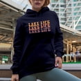 thumbnail image 2 of Lake Life, Lake Living Themed, Groovy Retro Wavy Text Merch Gift, Navy Blue Hooded Sweatshirt or Hoodie, Medium, 2 of 5