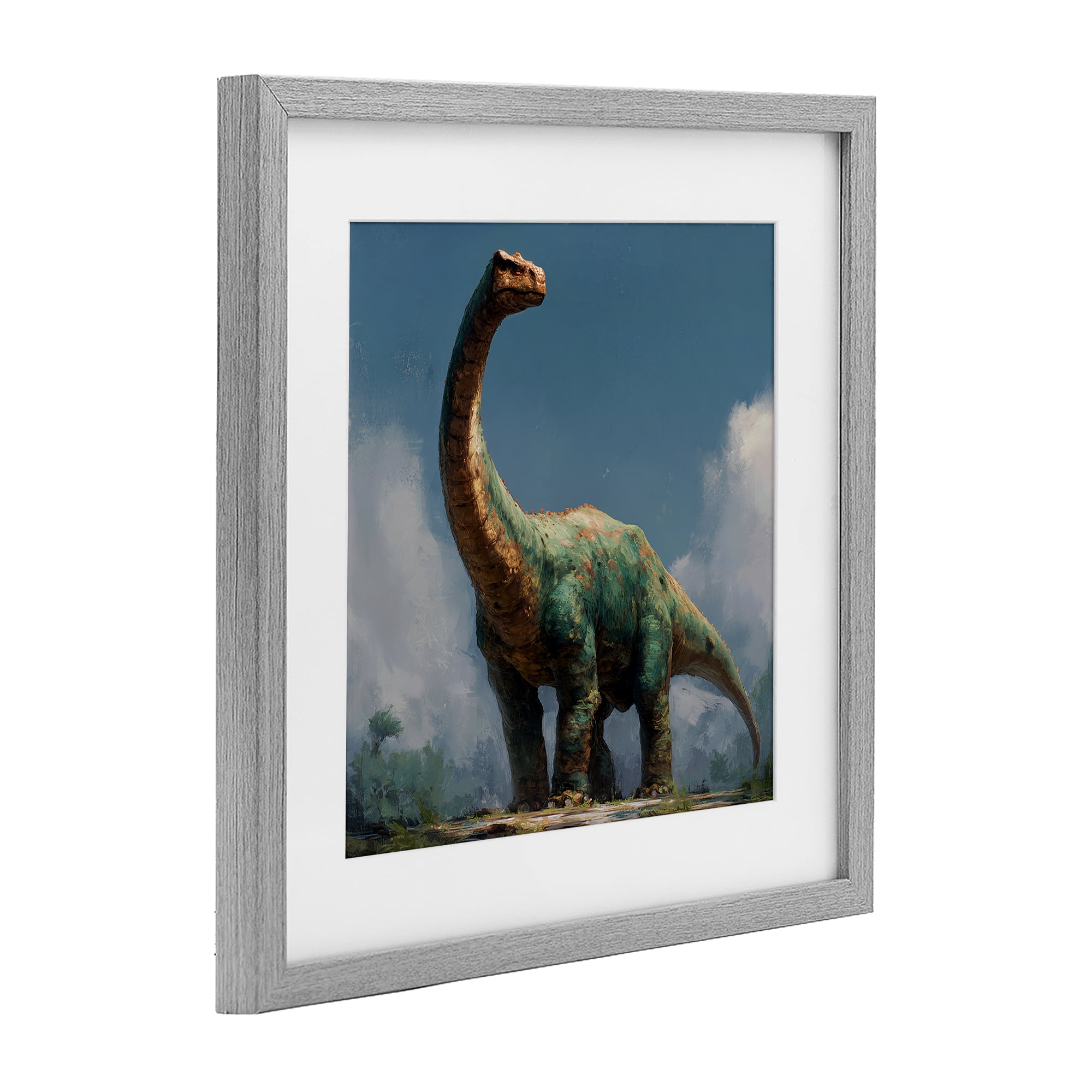 Stupell Industries Colossal Brontosaurus in Meadow Gray Framed Print Under Glass, design by Wumples