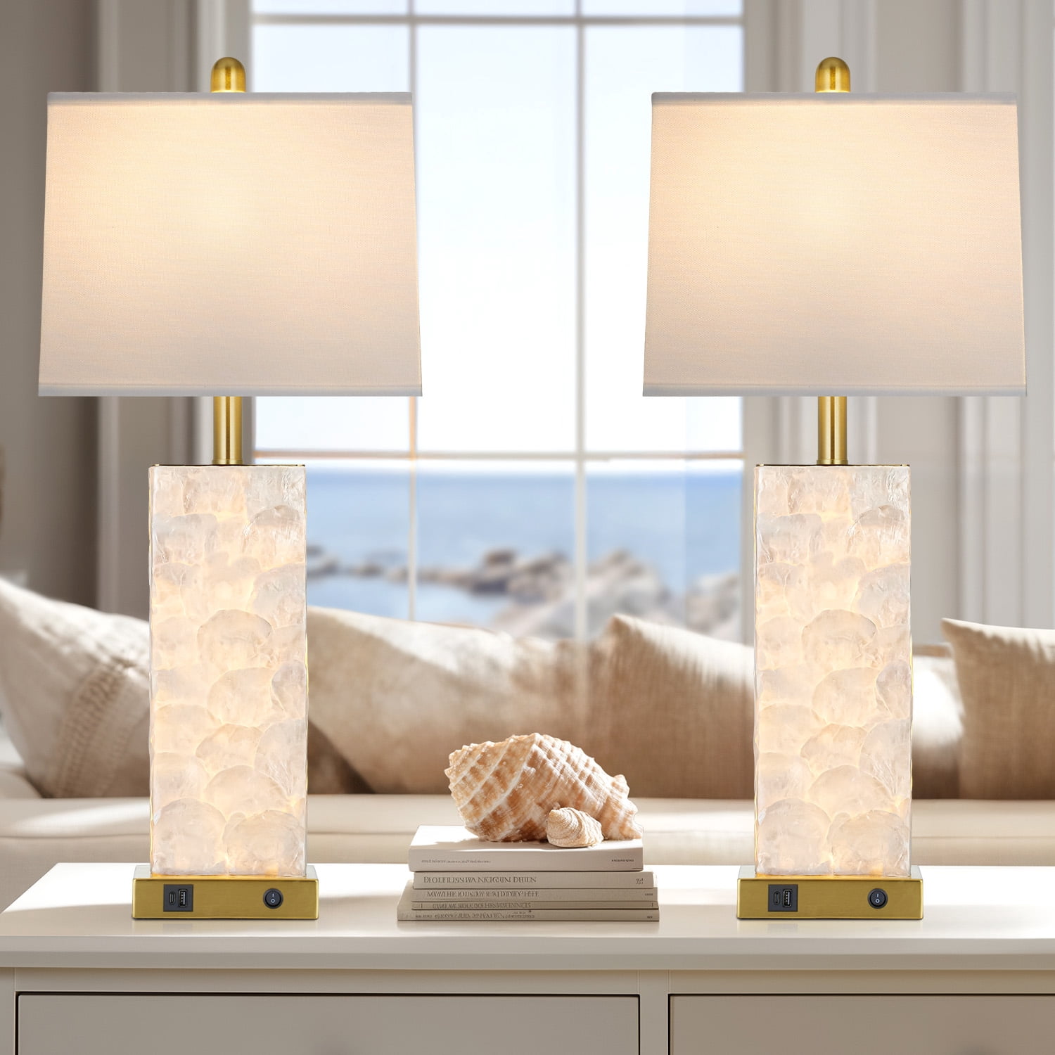 Cinkeda 28" Coastal Table Lamps Set of 2, Seashell Bedside Lamps with Dual Lighting & USB A+C Ports, Modern Beach House Nightstand Lights in Gold