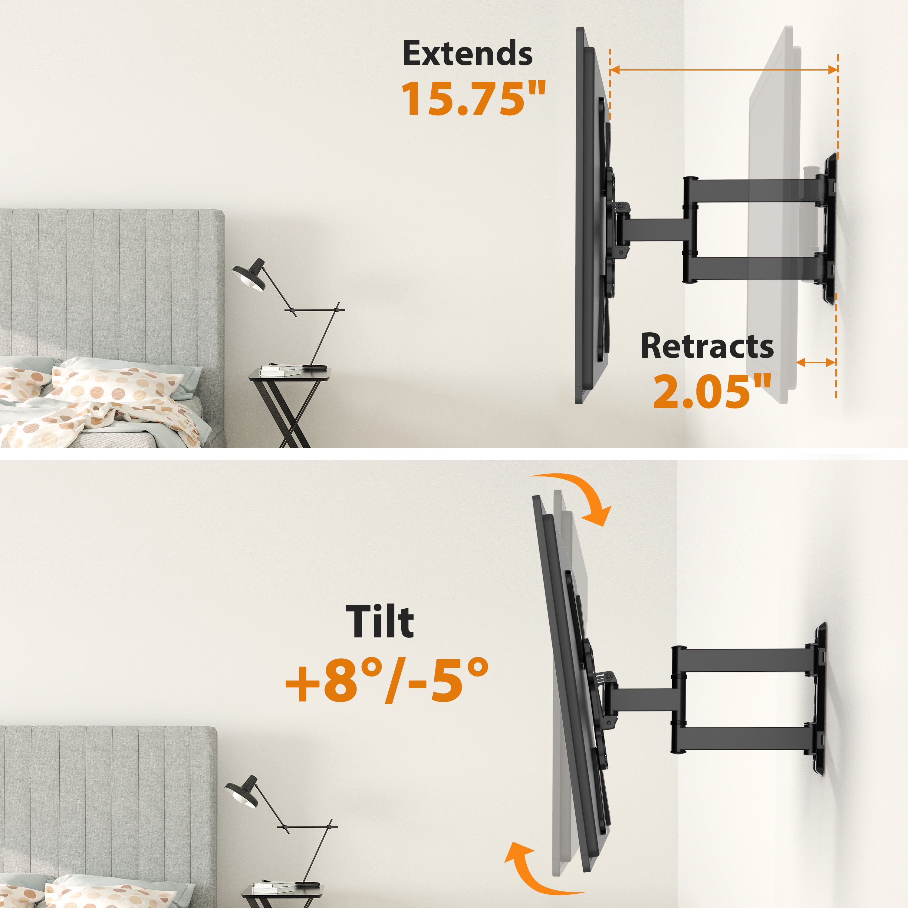 MountLiving Full Motion TV Wall Mount for 26-60 inch TVs, Single Stud Corner Bracket with Swivel & Tilt, Max VESA 400x400mm, 77 lbs Capacity
