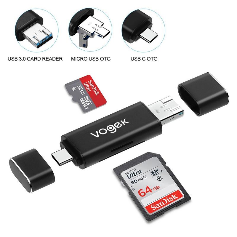 VOGEK TF/SD Card Reader Ultra Slim USB 3.0 SD/Micro SD Adattatore Lettore di schede Micro USB OTG/USB C Adattatore OTG per PC/Laptop/Smartphone/Tablet Argento 