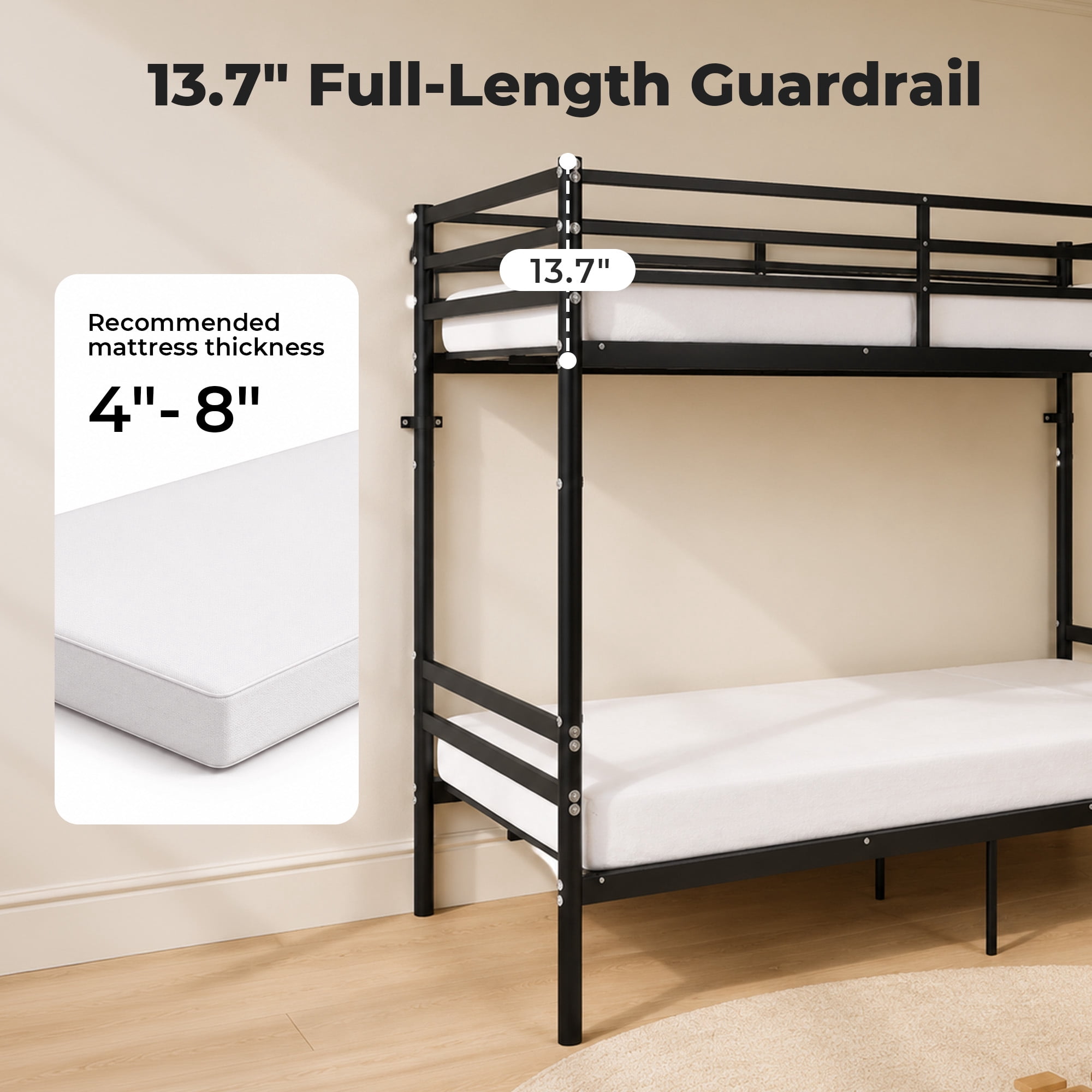 Alvantor Bunk Bed Twin over Twin, Metal Bunk Bed for Kids with Ladder and 14" Guardrail Black
