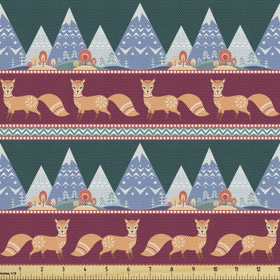 Ethnic Fabric by the Yard Upholstery, Folk Inspired Design Mountains Trees Fox Patterns Ornamental Illustration, Decorative Fabric for DIY and Home Accents, 5 Yards, Multicolor by Ambesonne