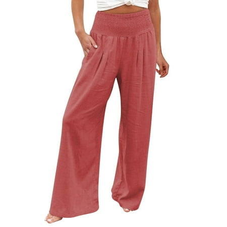 

Casual Pants for Women High Waist Wide Leg Palazzo Lounge Pants for Women Smocked Elastic Waist Loose Comfy Casual Pajama Pants Pockets Cotton Linen Orange