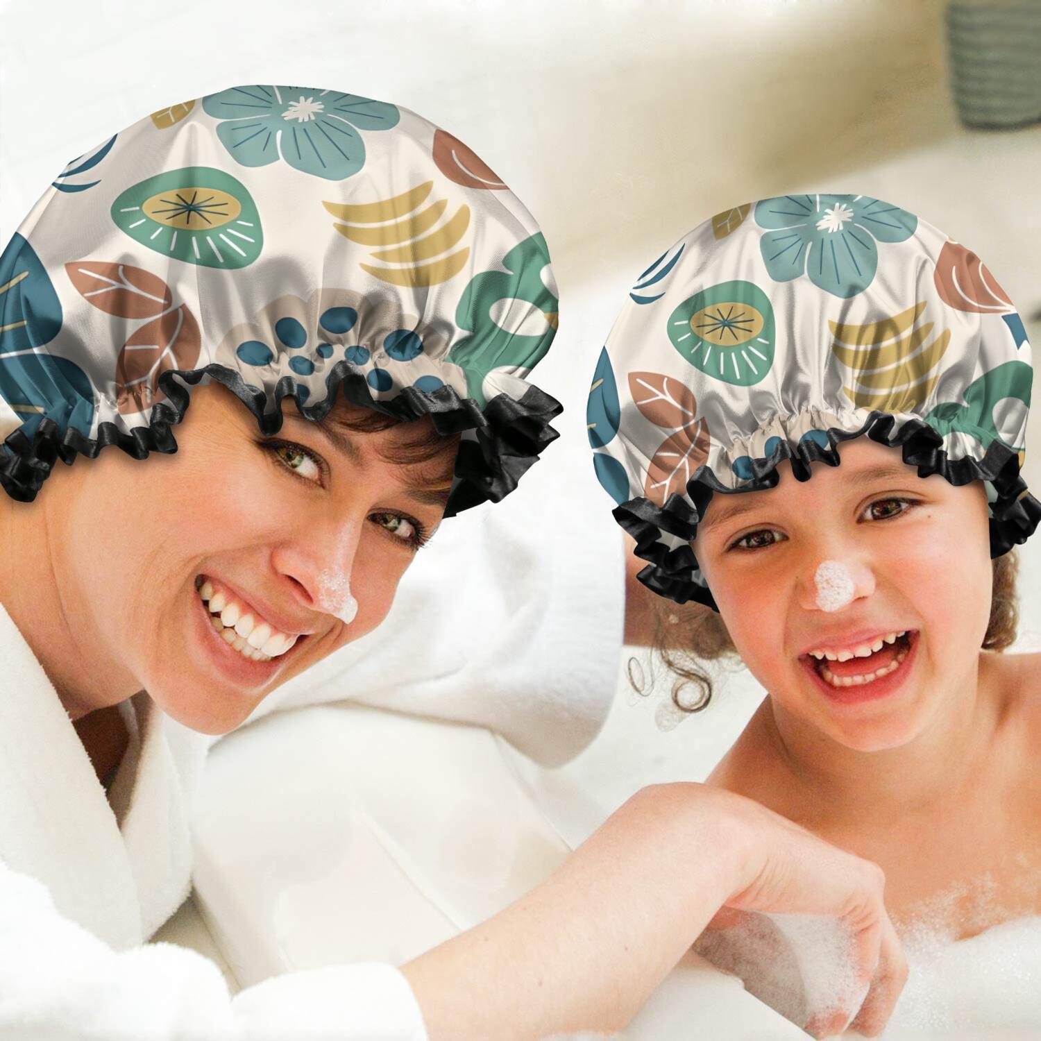 Shower Caps,Beige Pioneer Flower and Leaf Pattern Waterproof Shower Cap for Women 4 Pieces,Double Reusable Hair Cover for Shower PEVA Elastic Stretch Hem