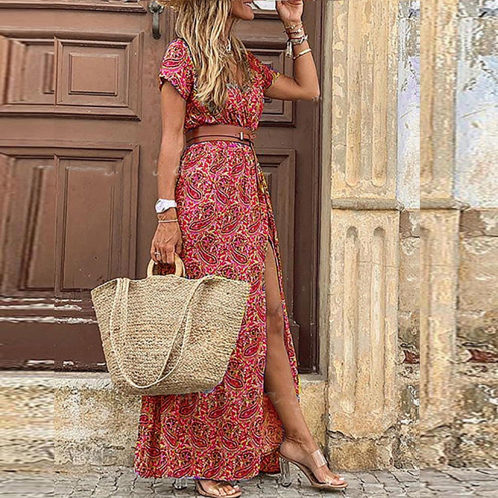 Women Boho Long Dress Fashion Paisley Print V Neck Short Sleeve