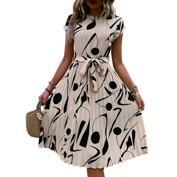 Cuteduck Womens Summer Belted Waist Dress Geometric Print Cap Sleeve Fashion Pleated Skirt S-XL