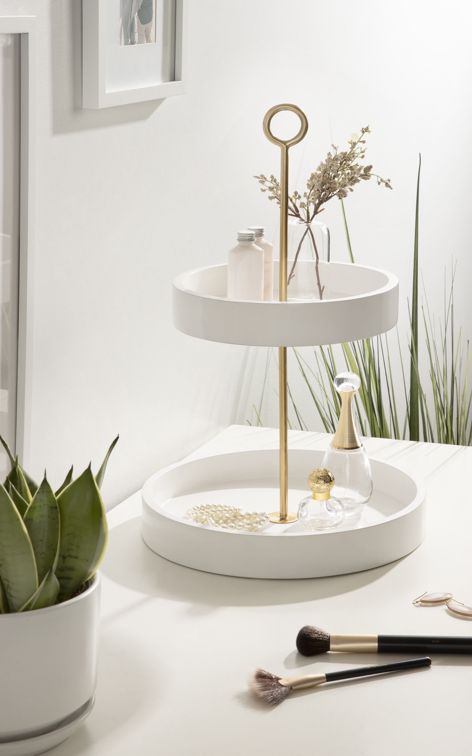 Kate and Laurel Lipton Modern Two Tier Tray, 13 x 13 x 20, White and Gold, Glam Decorative Tray