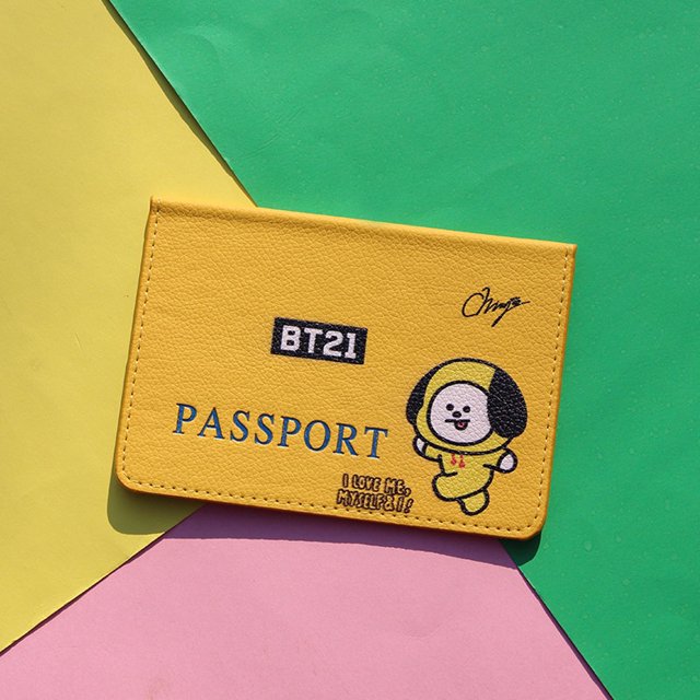 KPOP BTS BT21 Leather Passport Cover Clip Cartoon PU Protective Case Ticket Holder huangjie unisex