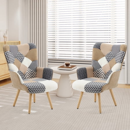 Living Room Accent Chair with High Backrest Bedroom Plaid Bohemian Upholstered Armchair for Mid Century Modern Cozy Chairs for Small Spaces Grey 2 Pack