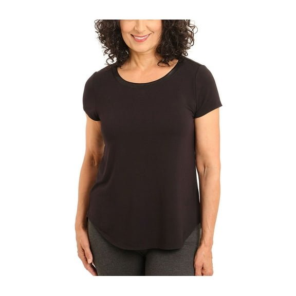 Joan Vass New York Women's Satin Collar Short Sleeve Shirt Size: M, Color: Black