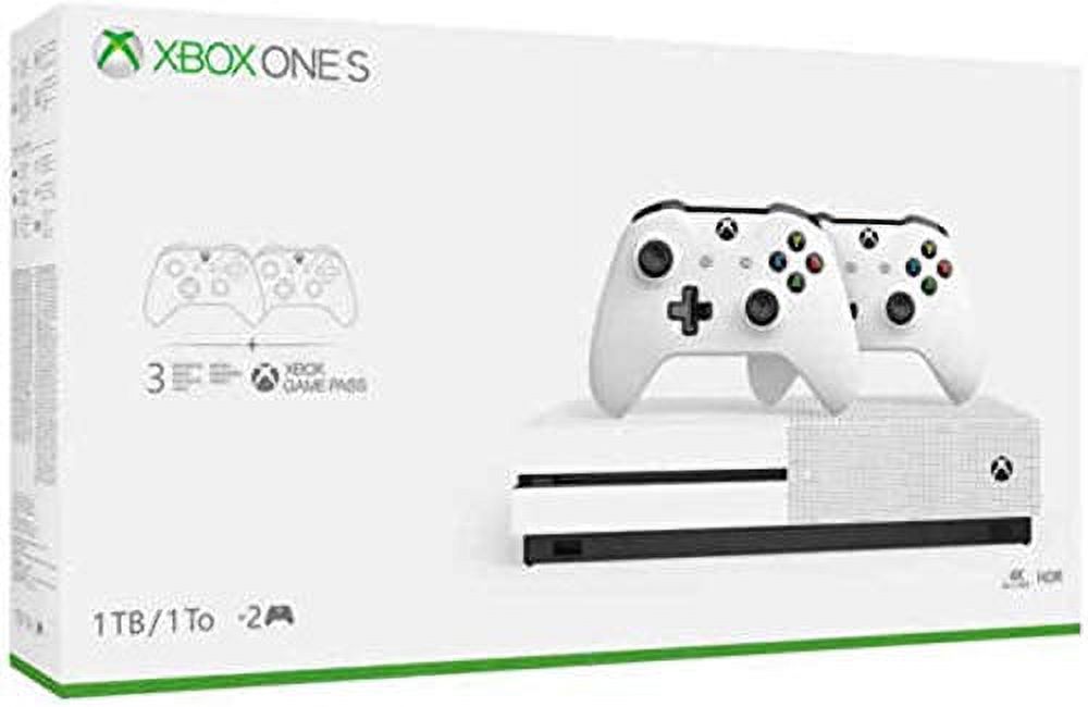Newest Flagship Microsoft Xbox One S 1TB HDD Bundle with Two (2X) Wireless Controllers, 1-Month Game Pass Trial, 14-Day Xbox Live Gold Trial - White
