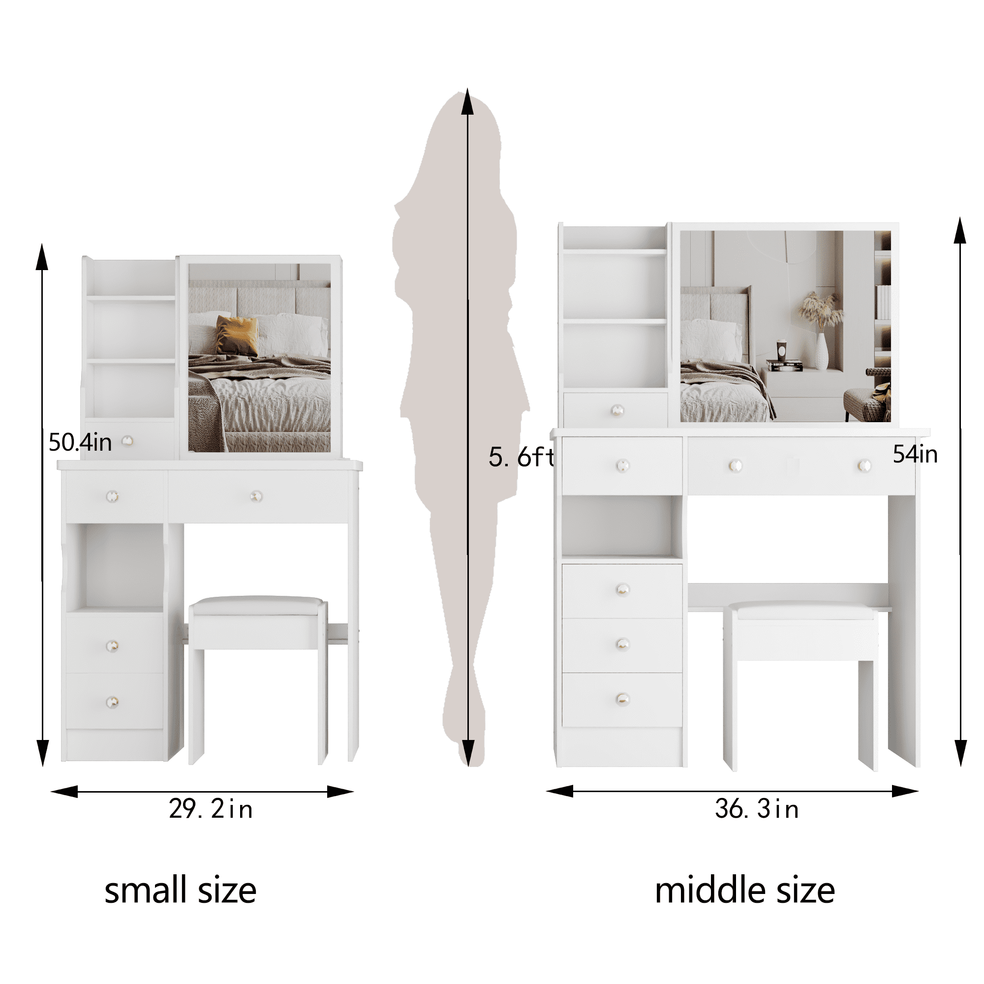 29.2" Small Space Left Drawer Desktop Vanity Table + Cushioned Stool, Extra Large Right sliding mirror, Multi Layer High Capacity Storage, Practical Fashionable Dresser