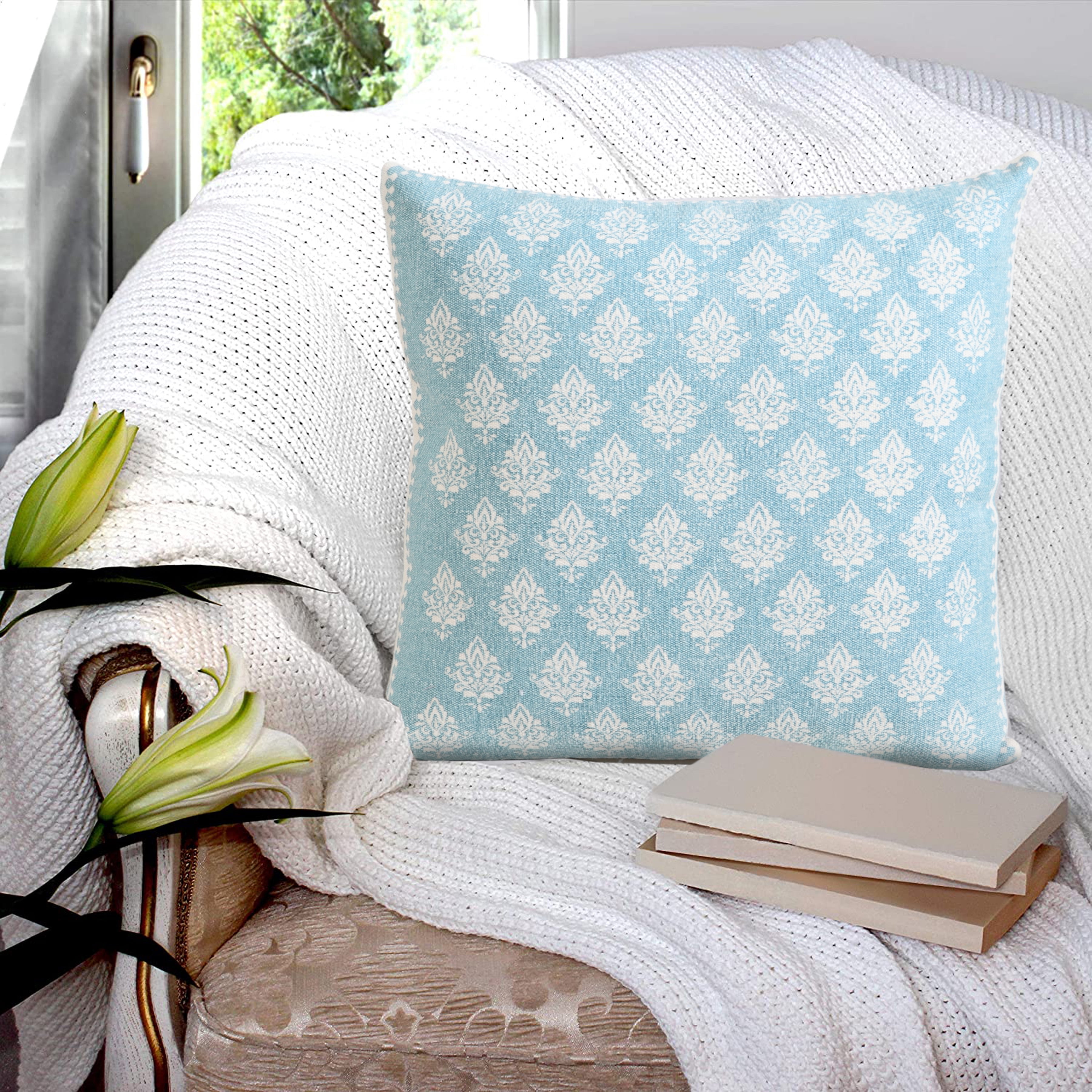 Elm & Oak Grace 20" x 20" Light Blue/White Damask Cotton Adult Decorative Throw Pillow