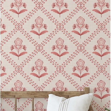 S4Sassy Peel and Stick Wall Covering, Diagonal Floral Buti Removable Wall Wrap- Asian Style Textured Mural, Instant for Bathroom, Laundry Room, Closet- Self-Adhesive Wallpaper Vinyl- Orange, 25"x120"