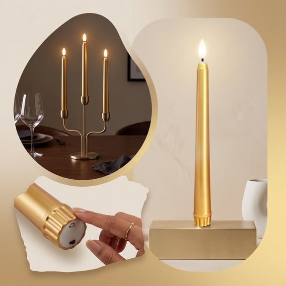 Home Party Decor Lights, 6 Pack Gold Flameless LED Taper Candles Battery Operated, Flickering Candlesticks With Spray Paint for Christmas Halloween, Home Room, Party Decor