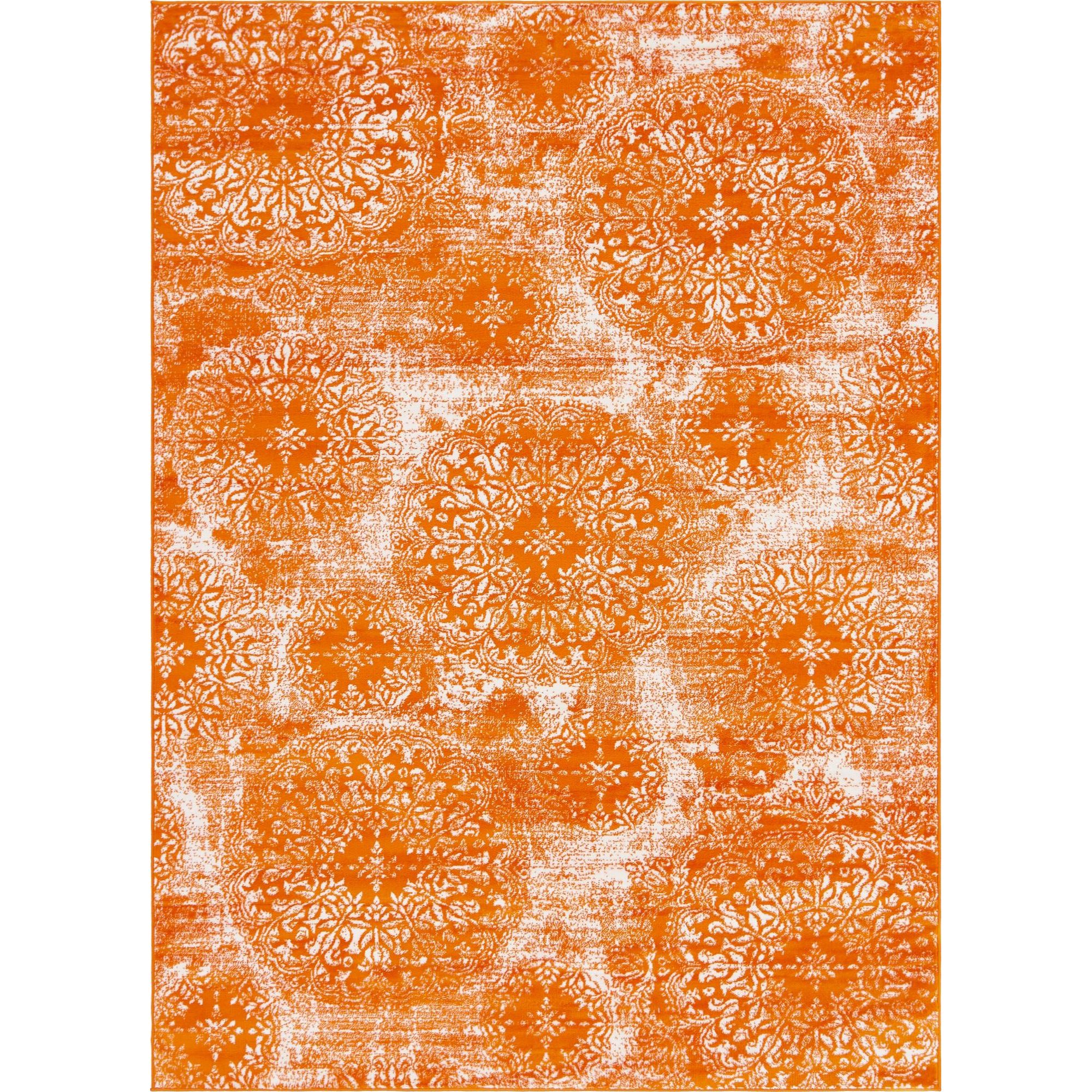 7' x 10' Orange and Ivory Vintage Floral Rectangular Area Throw Rug