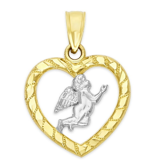 14k Two Tone Gold Angel in a Heart Pendant, Religious Jewelry, Catholic Gifts for Her