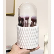 360 Degree Rotating Makeup Brush Organizer with Dust Cover | Plastic Brush Holder for Vanity & Bathroom | 7 Compartments for Brushes Up to 9 Inches | White