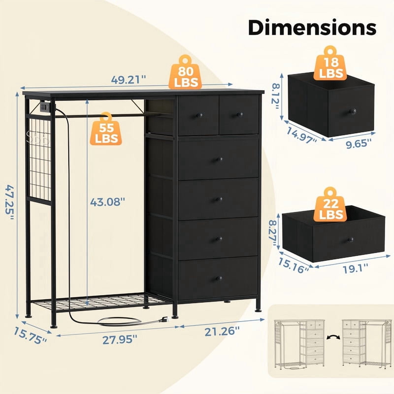 Kelno 6 Drawer Dresser with Hanging Rack LED Lights Charging Station Fabric Closet Organizer Storage Tower, Black