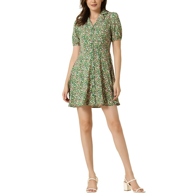 INSPIRE CHIC Robe Vintage Florale à Manches Courtes Col Camp Boutonnée Ligne A Verte m