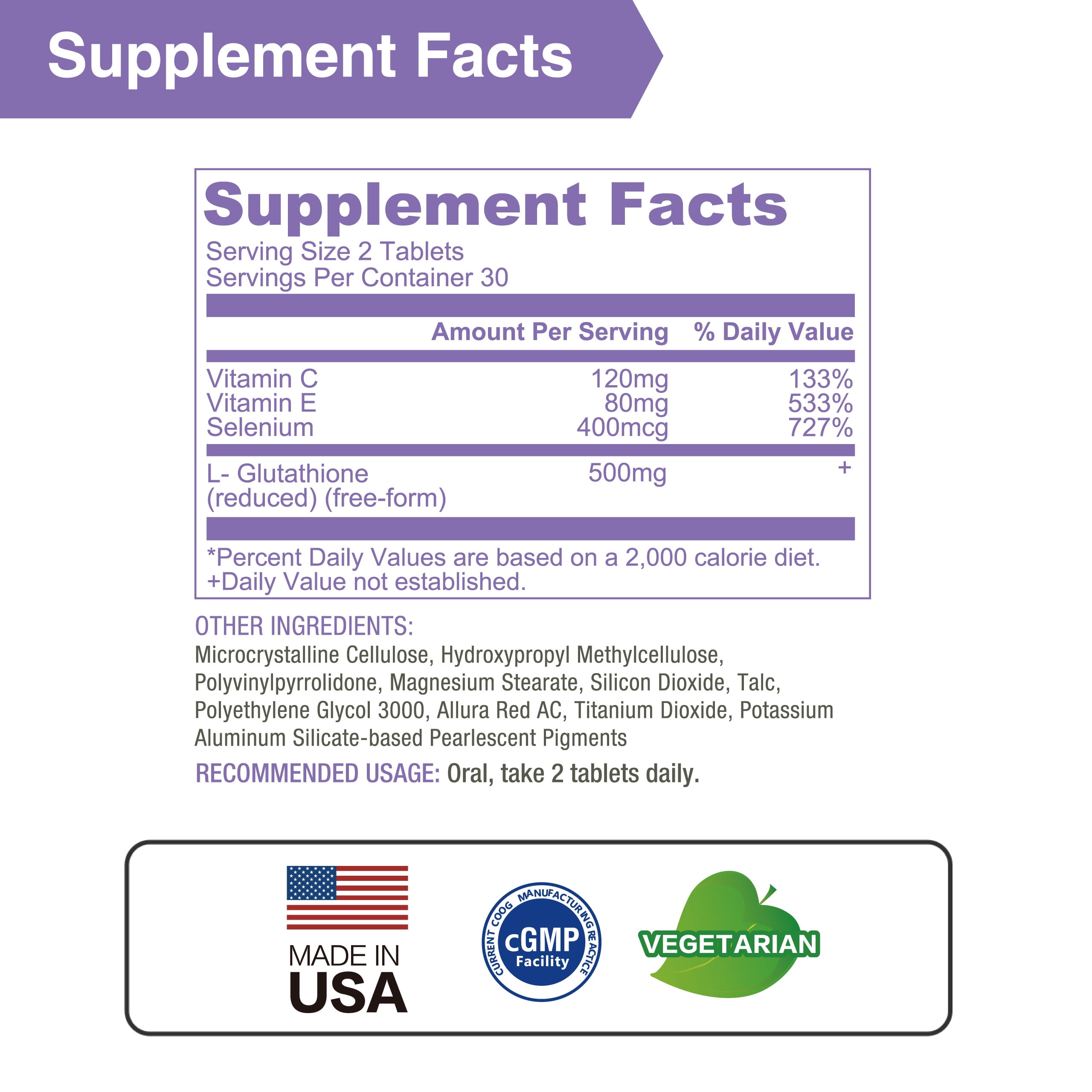 LOVITA Glutathione Complex 500mg for Radiant Skin & Immunity Support | 99.8% Purity with Vitamin C, Selenium & E, Vegan, Non-GMO, Gluten-Free 60 Vegetarian Tablets