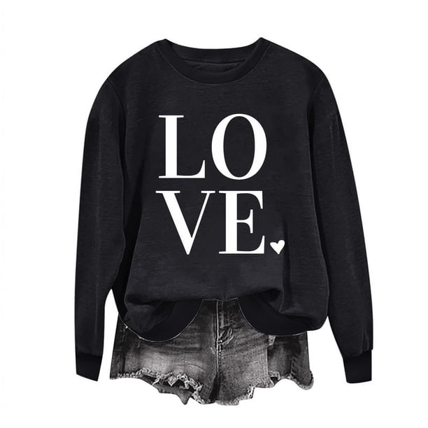 Penkiiy Camisetas Día de San Valentín Mujeres Amor Corazón Rojo Sudadera gráfica de manga larga Cuello Crew Valentines Tops L Negro