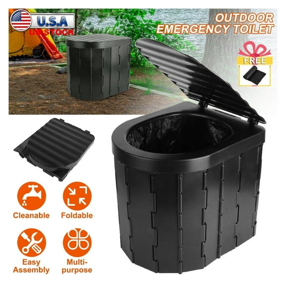 Foldable Portable Toilet, Emergency Travel Potty for Camping Hiking Car Road Trips - Cleanable Commode with Lid & Garbage Bags