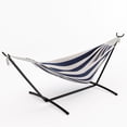 thumbnail image 1 of IdealHouse Hamac Double en Coton avec Support en Acier Robuste et Résistant à la Rouille, Capacité de 450 Lb Hamac Traditionnel Tissé Portable avec Sac de Transport pour Cour Arrière, Jardin et Camping, Bleu et Blanc, 1 of 6