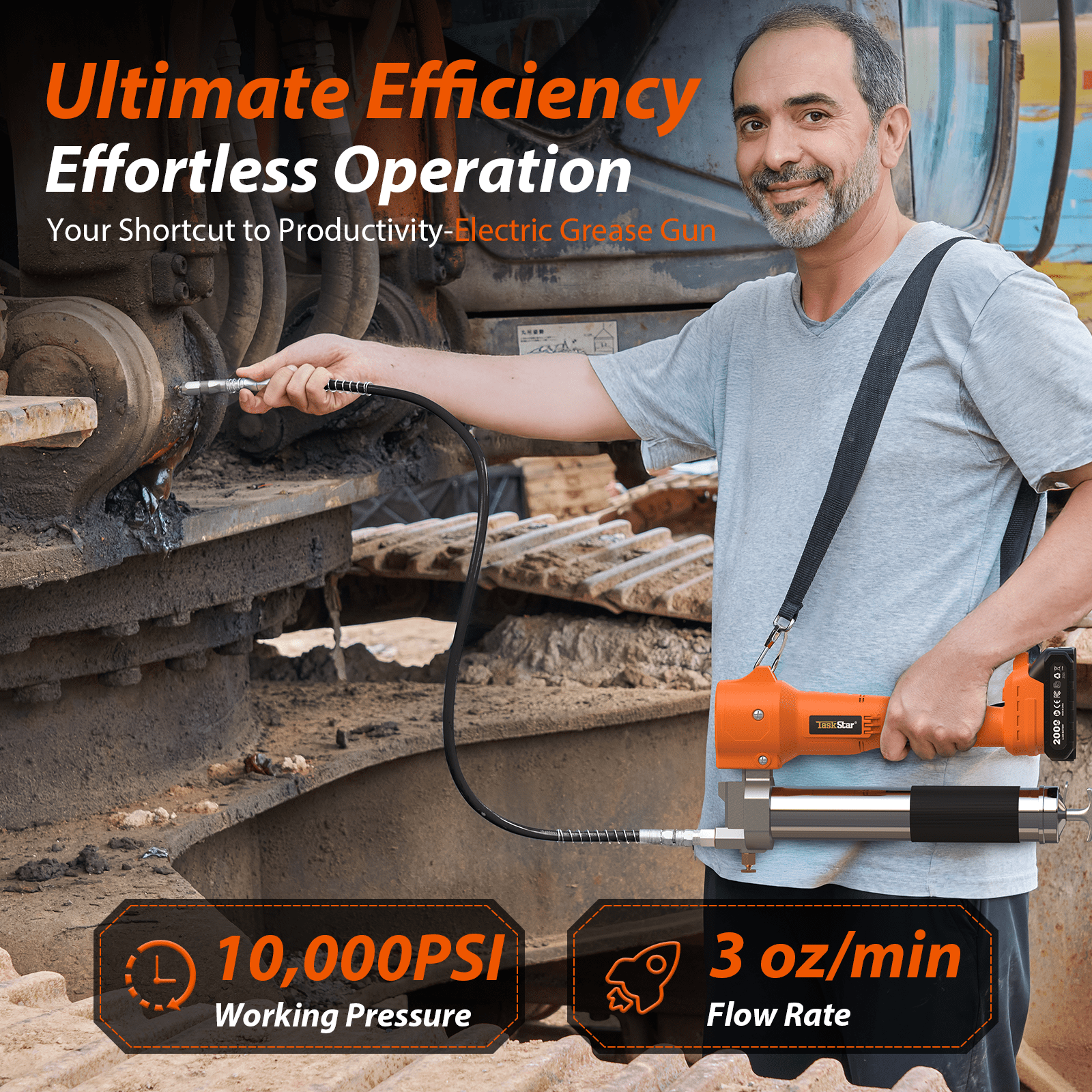 Grease Gun Battery Powered TaskStar 3.0 oz/min Electric Grease Gun Kit with 21V 2X 2000mah Batteries and Charger, 39.4”Flexible Hose,10000 PSI Cordless Grease Gun with Super Bright LED Light