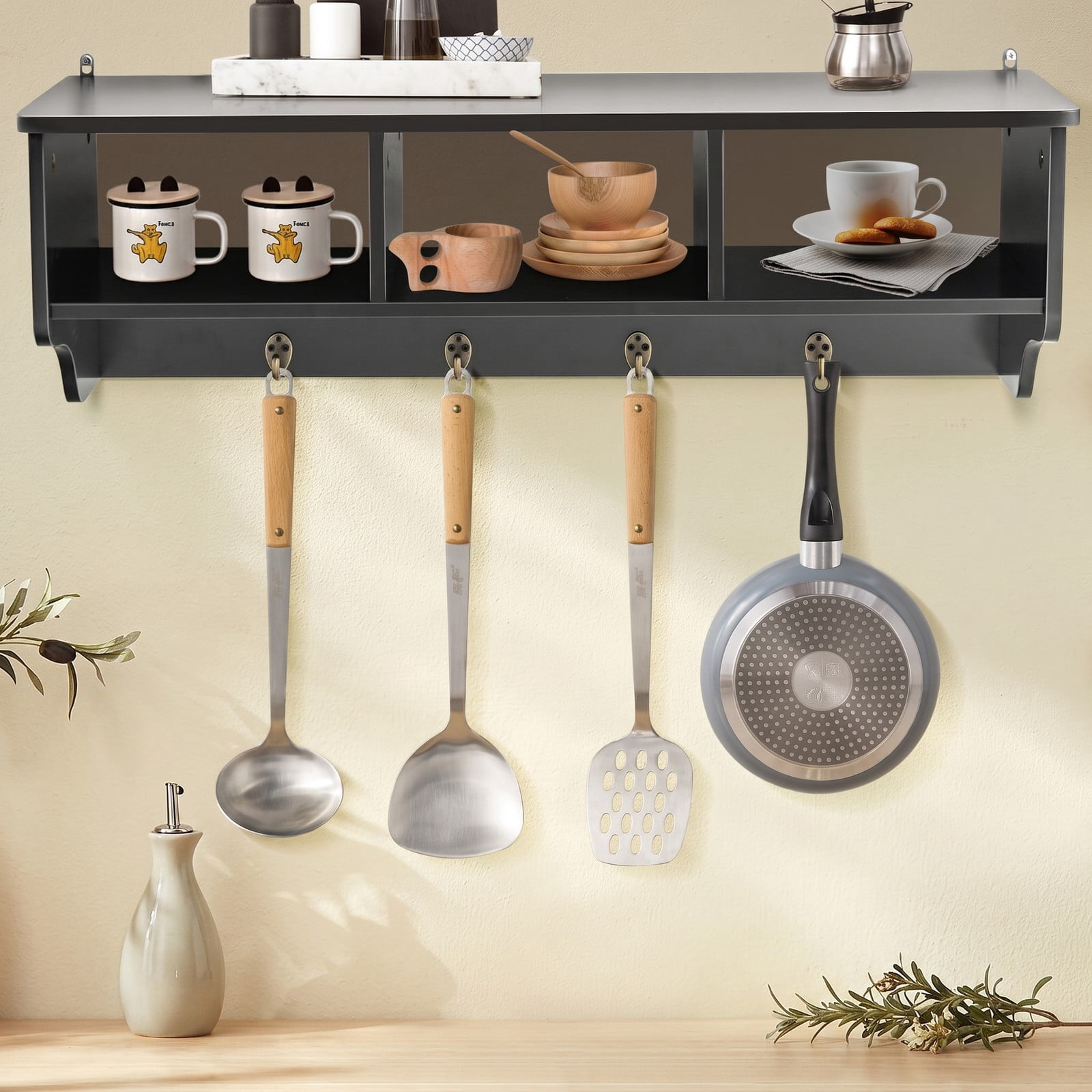 Furnibear Wall Mounted Coat and Hat Rack with Cubby Storage Shelf and 4 Hooks for Entryway Living Room and Bathroom, Black