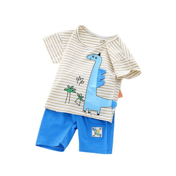 Boys' New Summer Cartoon Round Neck Short Sleeve Set Trendy Dinosaur T-shirt Shorts Casual Fashion Two Piece Set