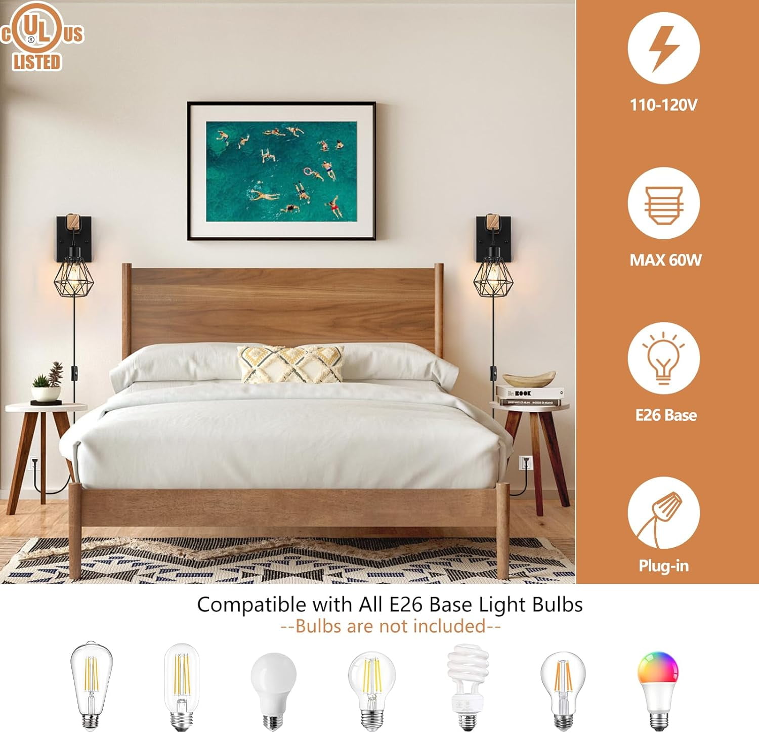 Plug in Wall Sconces Set of 2 Wood Light Fixtures Industrial Farmhouse Wall Lamps with 5.25FT on/off Switch Cord for Bedroom Living Room