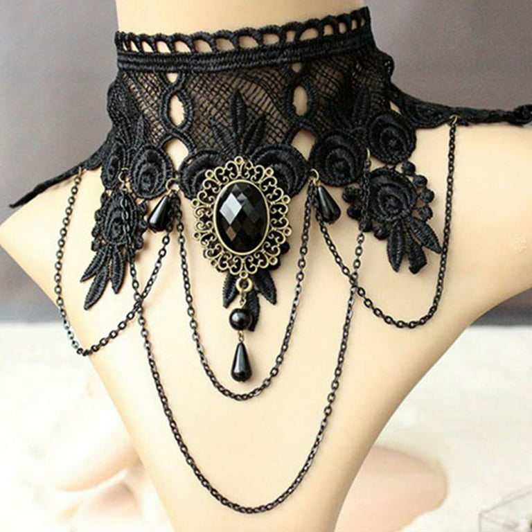 YEUHTLL Halloween Sexy Gothic Chokers Crystal Black Lace Neck Collares  Choker Necklace V 