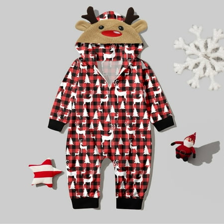 

Babys Merry Christmas Sets Red Prints Hooded Zipper Jumpsuit Family Outfit