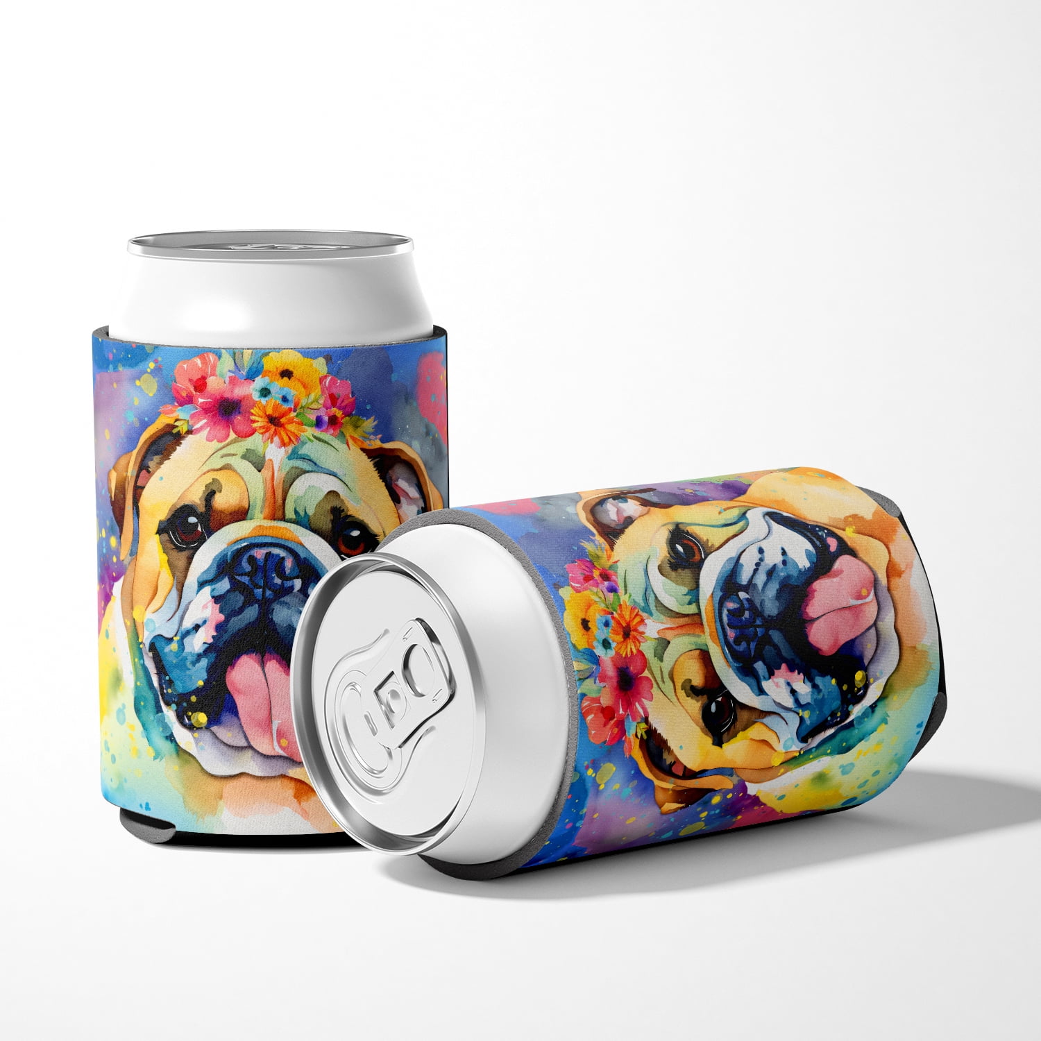 English Bulldog Hippie Dawg Can or Bottle Hugger 3 in x 5 in