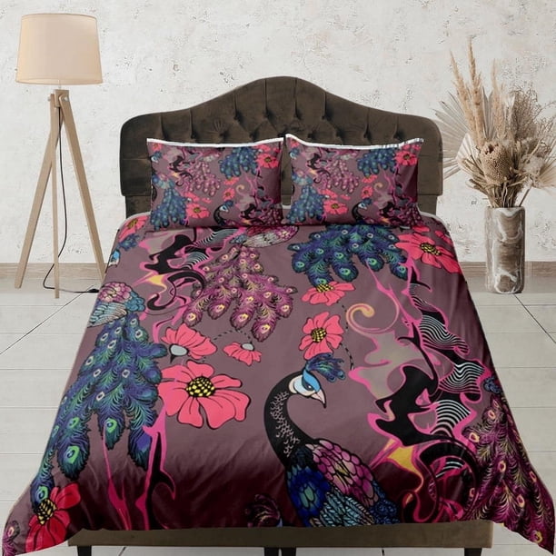 Peacock Floral Funda Nórdica Colcha Violeta, Dormitorio Juego de Cama Doble