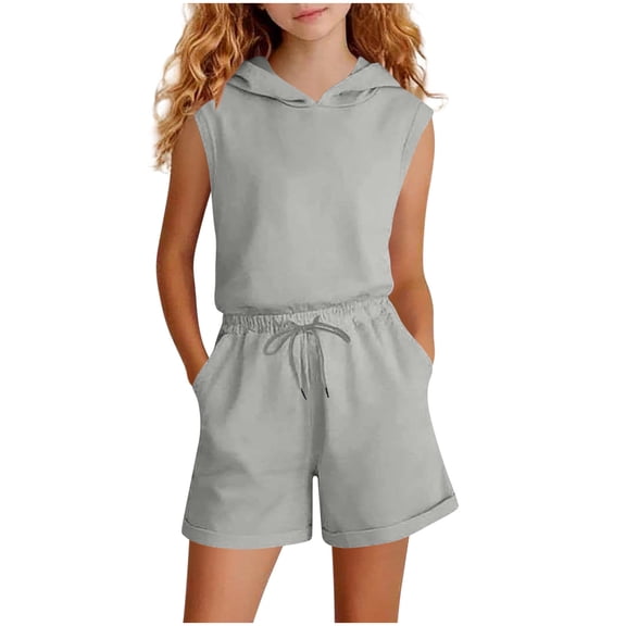 NAISIBABY Girls Outfit Sets, Hooded Tank Tops and Drawstring Shorts 2-Piece Summer Casual Sports Clothes Gray Size 12