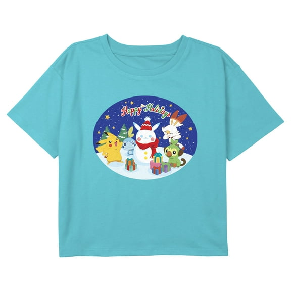 Girl's Pokemon Happy Holidays Snowman Pikachu Graphic Cropped T-Shirt Blue Small